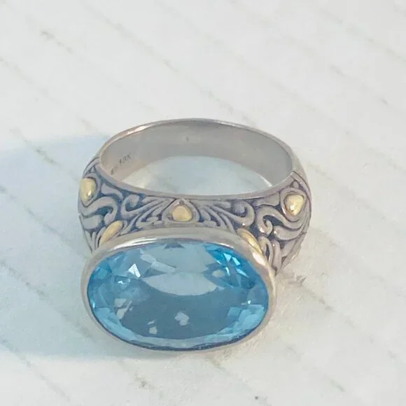 Vintage Sterling Silver & 18K Gold Ornate Gemstone Ring – BJC 925 18K - Picture 3 of 12